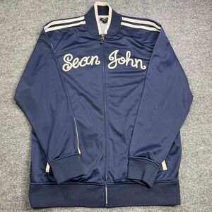 Sean John Track Jacket‎ Mens L Blue Full Zip Script Logo Striped